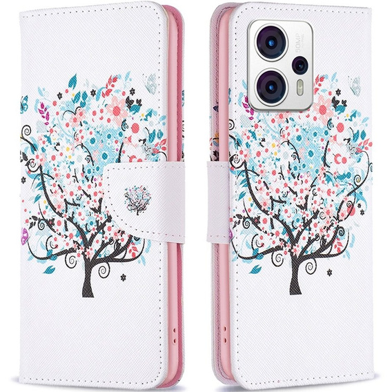 Откидной чехол для Motorola Moto G53 5G / G23 / G13, Wallet, colorful tree, белый