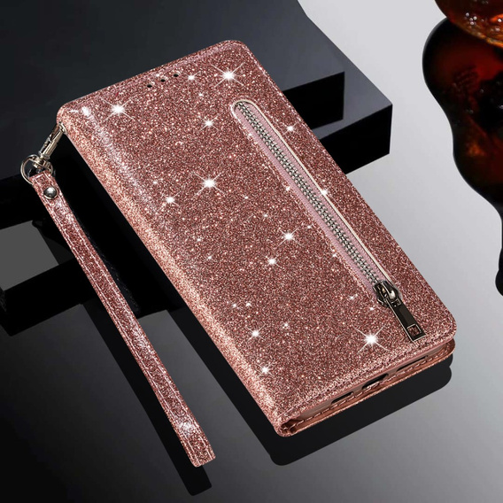 Откидной чехол для Samsung Galaxy A36 5G, Wallet Zipper Pocket Glittery, розовый rose gold