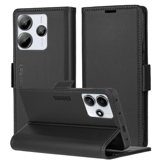Чехол для Xiaomi Redmi Note 14 5G, ERBORD Glossy Litchi, кошелек с клапаном, чёрный