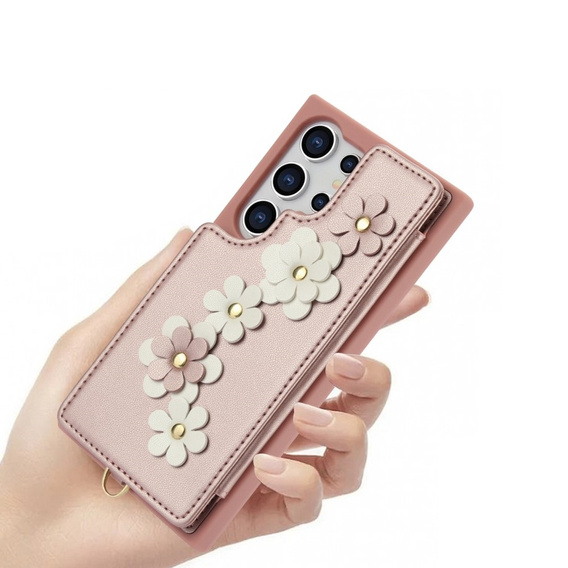 Чохол для Samsung Galaxy S24 Ultra, Leather Flower Card Slot, рожевий