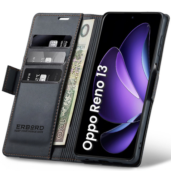 Чохол для Oppo Reno 13, ERBORD Glossy Litchi, гаманець з клапаном, чорний