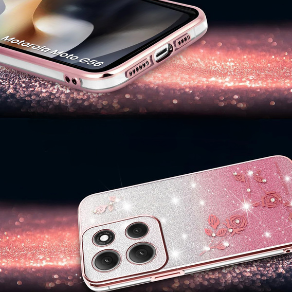 Чохол для Motorola Moto G56 5G, Glitter Flower, рожевий rose gold
