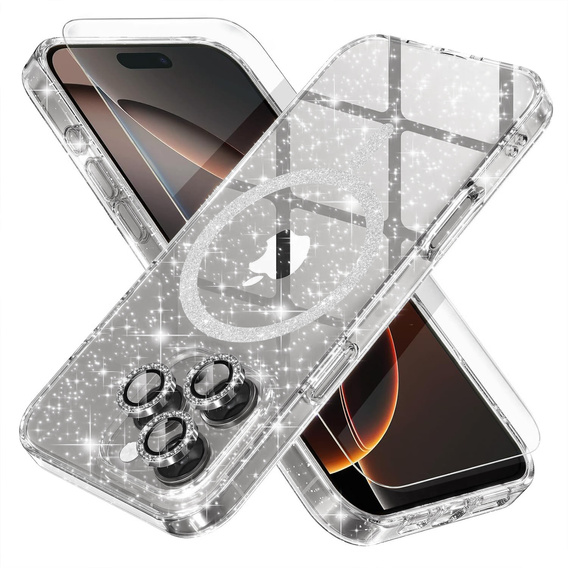 Чохол для iPhone 16 Pro Max, ERBORD Glitter MagSafe, прозорий + Скло для екрану