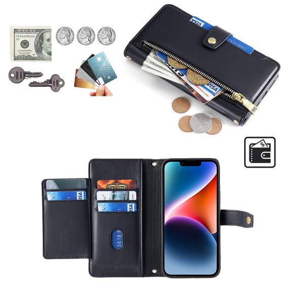 Откидной чехол для iPhone 14, Wallet Zipper Pocket, чёрный