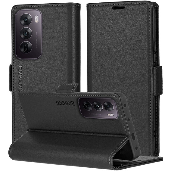 Чохол для Oppo Reno 12 Pro, ERBORD Glossy Litchi, гаманець з клапаном, чорний