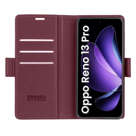 Чохол для Oppo Reno 13 Pro, ERBORD Glossy Litchi, гаманець з клапаном, червоний