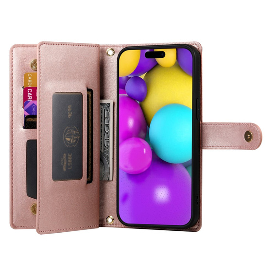 Откидной чехол для iPhone 16, Wallet Zipper Pocket, розовый