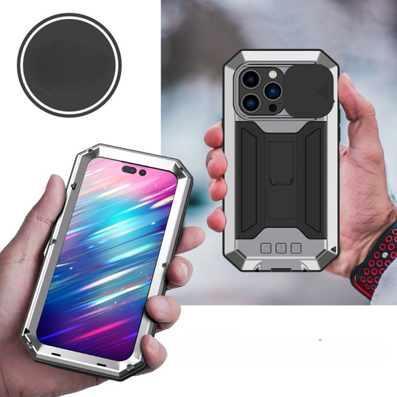 Чохол для iPhone 14 Pro, R-JUST CamShield Slide, броньований, сріблястий / чорний