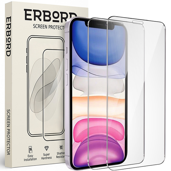 2x Закаленное стекло для iPhone XR/11, ERBORD 9H Hard Glass на экране