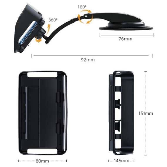 Автомобильный держатель для кабины / лобового стекла, с присоской, поворотный, черный