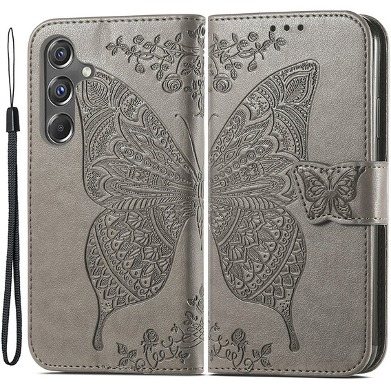 Чохол-книжка для Samsung Galaxy A15, Butterfly, сірий + скло 9H 
