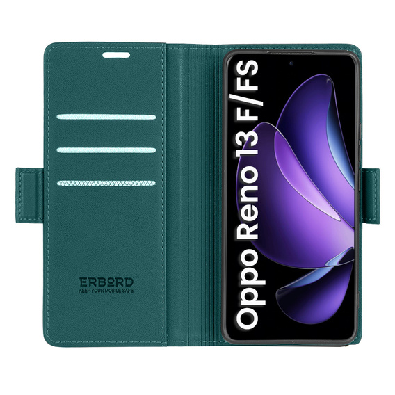 Чохол для Oppo Reno 13F / Oppo Reno 13FS, ERBORD Glossy Litchi, гаманець з клапаном, зелений