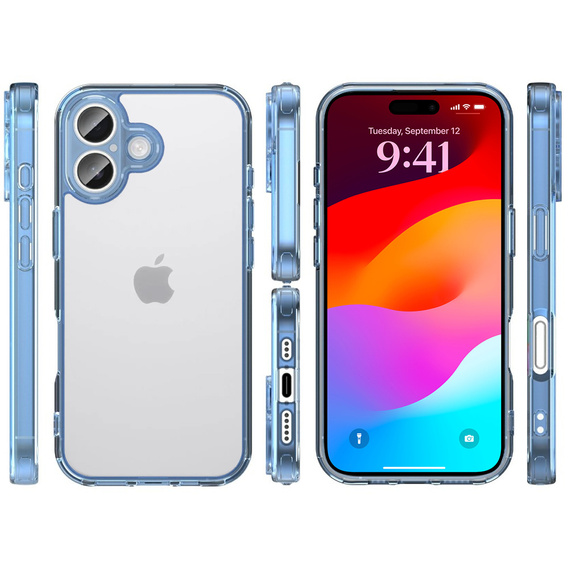 Чехол для iPhone 17, с крышкой камеры, прозрачный с синими боками