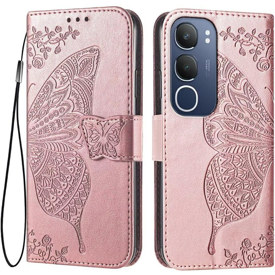 Чохол-книжка для Vivo Y19s, Butterfly, рожевий rose gold