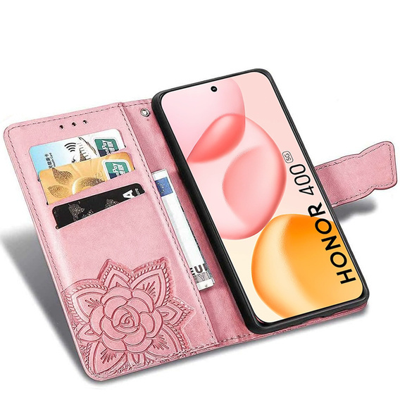 Откидной чехол для Honor 400 5G, Butterfly, розовый rose gold