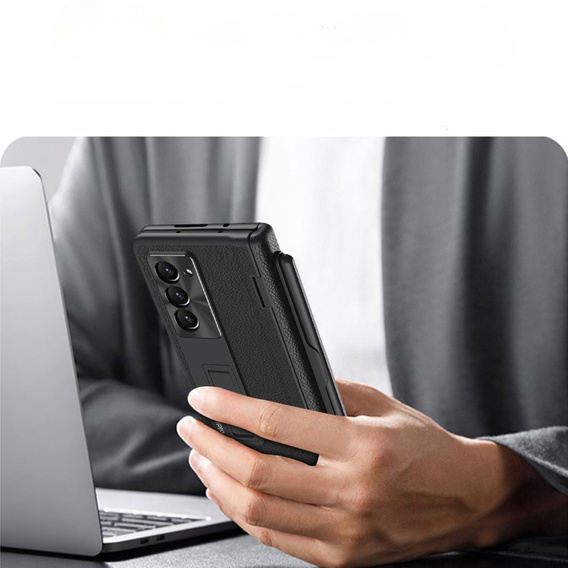 Чехол для Samsung Galaxy Z Fold 5 5G, с подставкой, стеклом и стилусом, кожаный, черный