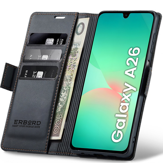 Чохол для Samsung Galaxy A26, ERBORD Glossy Litchi, гаманець з клапаном, чорний