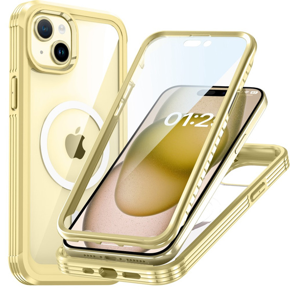 Чехол для iPhone 15, бронированный Full Protect 360° для MagSafe, стекло экрана, жёлтый