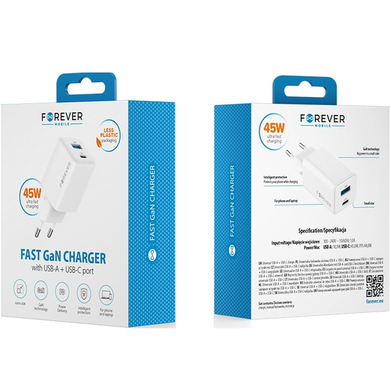 Зарядное устройство Forcell 65W GaN 2x USB C 1x USB A , White