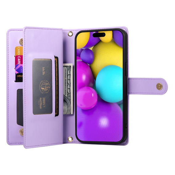 Чохол-книжка для iPhone 16 Plus, Wallet Zipper Pocket, фіолетовий