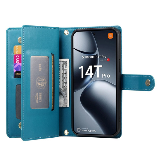 Откидной чехол для Xiaomi 14T Pro, Wallet Zipper Pocket, синий