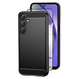 Чехол до Samsung Galaxy A54 5G, Karbon, чёрный + стекло 9H