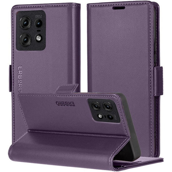 Чехол для Motorola Edge 50 Pro, ERBORD Glossy Litchi, кошелек с клапаном, фиолетовый