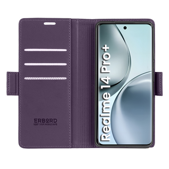 Чохол для Realme 14 Pro+ 5G, ERBORD Glossy Litchi, гаманець з клапаном, фіолетовий
