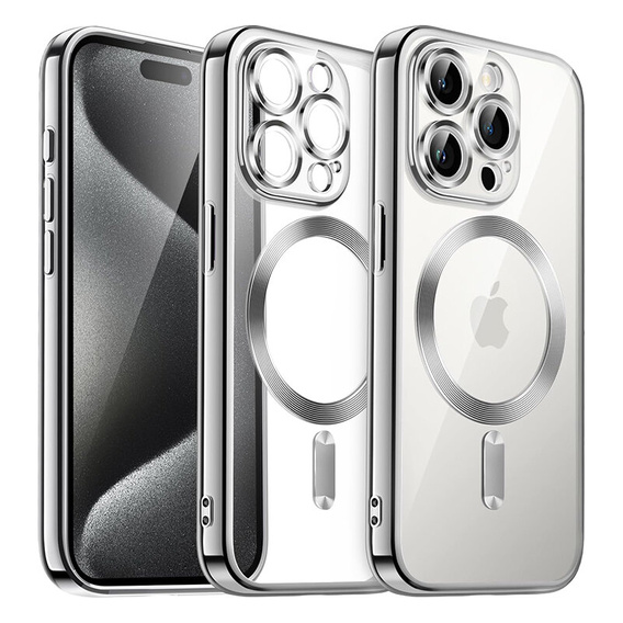 Чехол для iPhone 15 Pro, Electro MagSafe, серебряный + стекло для экрана