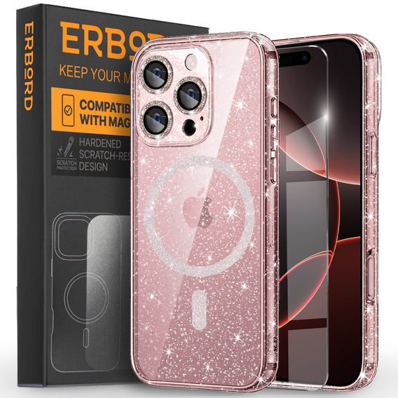Чохол для iPhone 16 Pro Max, ERBORD Glitter MagSafe, рожевий + Скло для екрану