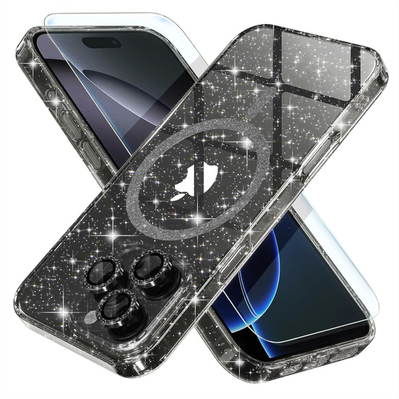 Чохол для iPhone 16 Pro, ERBORD Glitter MagSafe, чорний + Скло для екрану