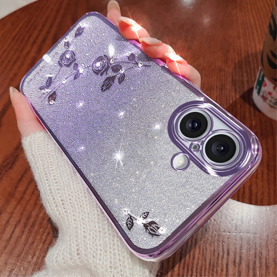 Чехол для iPhone 16 Plus, Glitter Flower, фиолетовый
