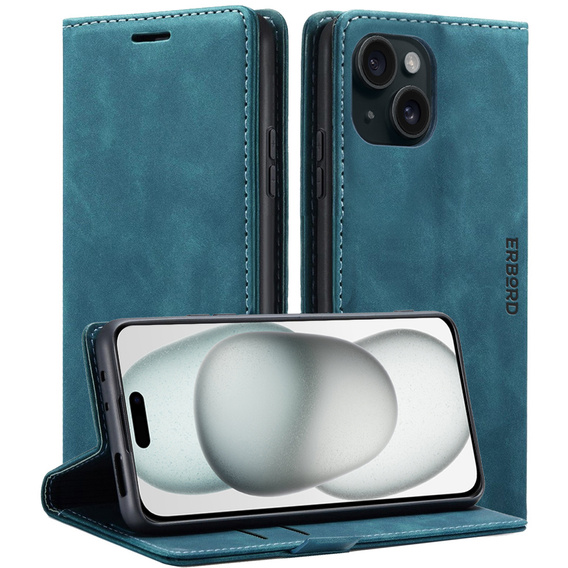 Чехол для iPhone 15, ERBORD Vintage, бумажник с клапаном, синий