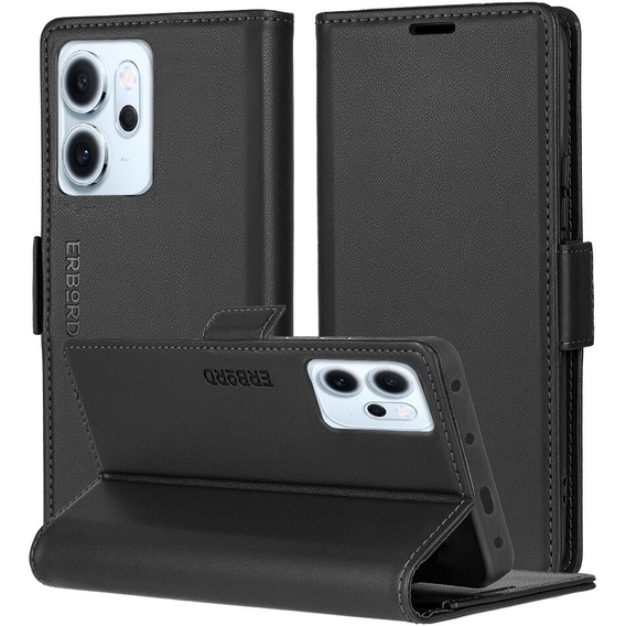 Чохол для Oppo Reno 14 F / 14 FS, ERBORD Glossy Litchi, гаманець з клапаном, чорний