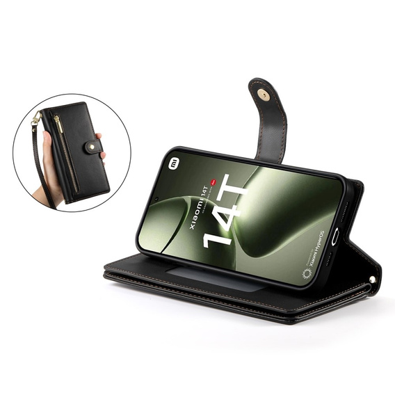 Откидной чехол для Xiaomi 14T, Wallet Zipper Pocket, чёрный