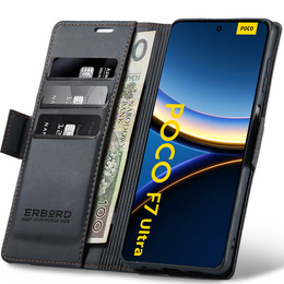 Чохол для Xiaomi Poco F7 Ultra, ERBORD Glossy Litchi, гаманець з клапаном, чорний