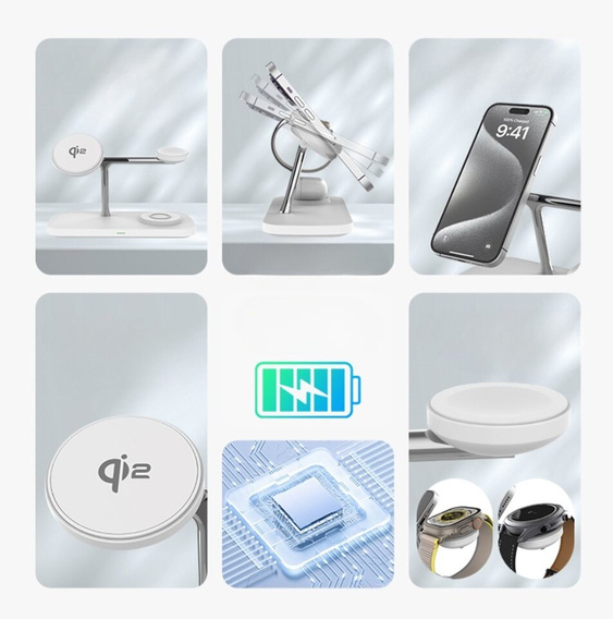 Индуктивное зарядное устройство Qi2 3in1 15 Вт для iPhone / Apple Watch / Airpods / Galaxy / Galaxy Watch / Galaxy Buds, белый