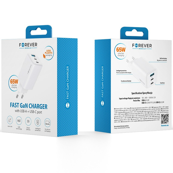 Зарядний пристрій Forcell 65W GaN 2x USB C 1x USB A , White