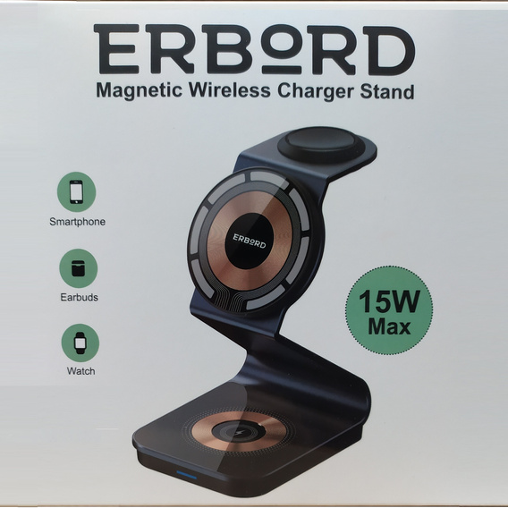 Индуктивное зарядное устройство ERBORD 3-в-1 для смартфона, Apple Watch и AirPods 2 / 3 / Pro, черное