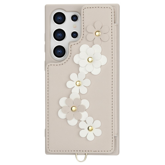 Чехол для Samsung Galaxy S24 Ultra, Leather Flower Card Slot, бежевый