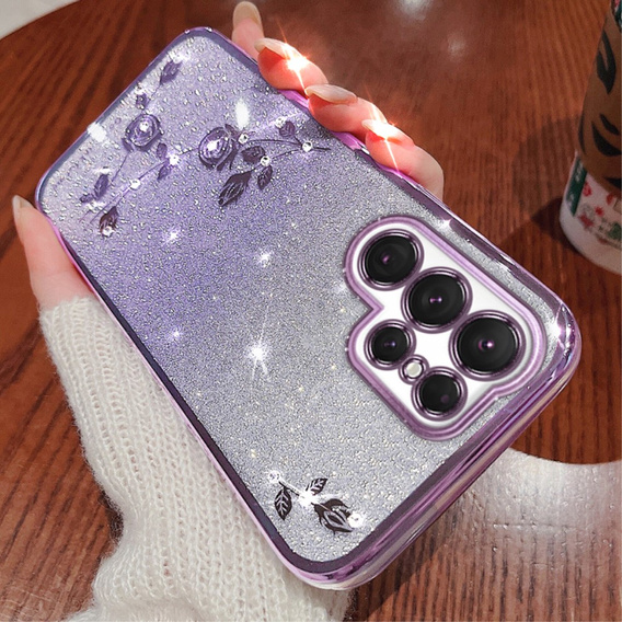 Чехол для Samsung Galaxy S23 Ultra, Glitter Flower, фиолетовый