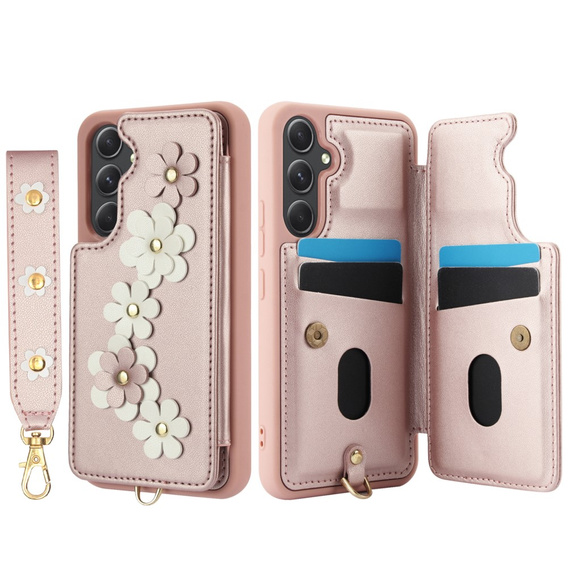 Чохол для Samsung Galaxy A55 5G, Leather Flower Card Slot, рожевий