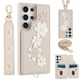 Чехол для Samsung Galaxy S24 Ultra, Leather Flower Card Slot, бежевый