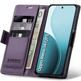 Чохол для Oppo Reno 14 F / 14 FS, ERBORD Glossy Litchi, гаманець з клапаном, фіолетовий
