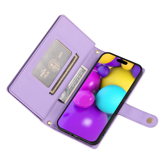 Откидной чехол для iPhone 16, Wallet Zipper Pocket, фиолетовый