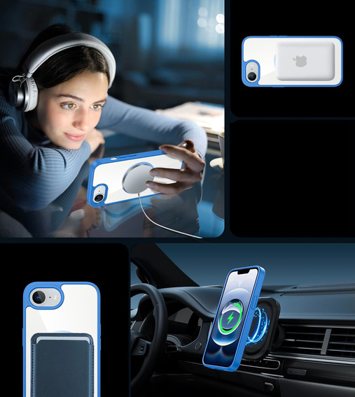 Магнитный чехол для iPhone 16E, MagSafe, синий + закаленное стекло 9H