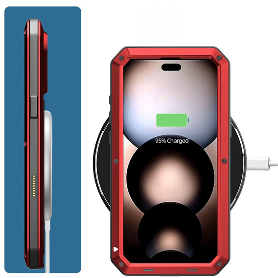 Чехол для iPhone 15 Pro, бронированный, со встроенным стеклом, красный
