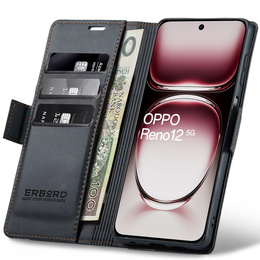 Чохол для Oppo Reno 12, ERBORD Glossy Litchi, гаманець з клапаном, чорний