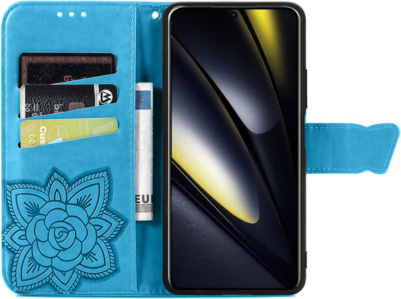 Откидной чехол для Xiaomi Poco F6, Butterfly, синий