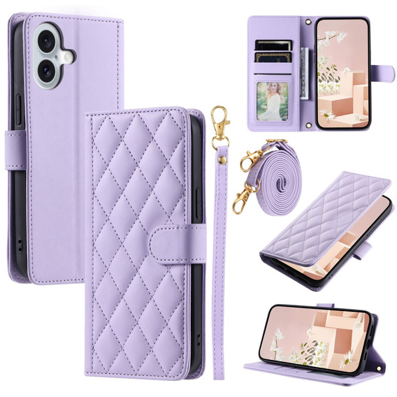чехол-крышка для iPhone 16, Rhombus Crossbody Leather, фиолетовый